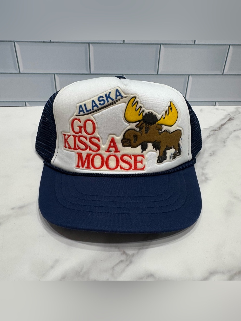 Vintage 90s Alaska Travel Souvenir Trucker Hat "Go Kiss a Moose" Snap Back Navy
